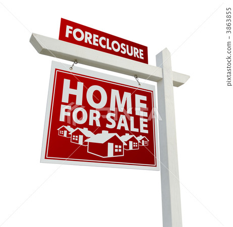 图库照片: red foreclosure home for sale real estate sign on