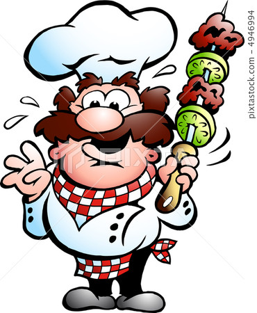 插图素材: hand-drawn vector illustration of an chef with a kebab