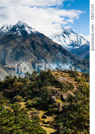 lhotse, lhotse shar peaks village and forest in himalayas