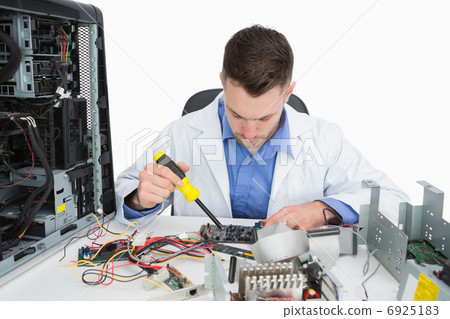 young computer engineer working on cpu parts