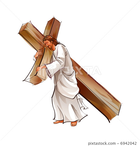 图库插图: side view of jesus christ holding cross