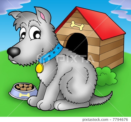 图库插图: grey dog in front of kennel