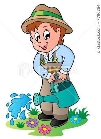 图库插图: cartoon gardener with watering can