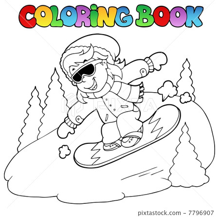 插图素材: coloring book girl on snowboard