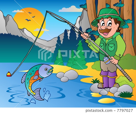 插图素材 lake with cartoon fisherman 1