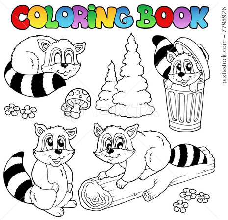 插图素材: coloring book with cute racoons