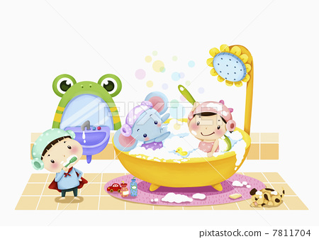 illustration of two kids taking a bath 7811704