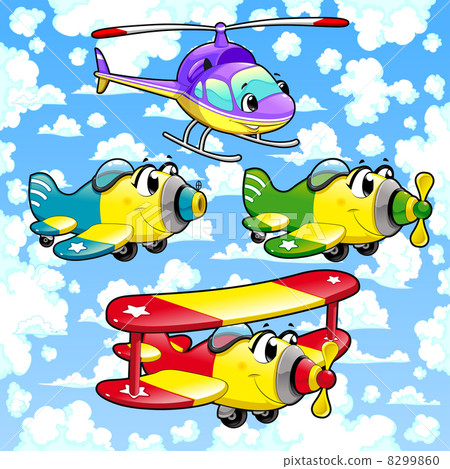 插图素材 cartoon airplanes and helicopter in the sky.