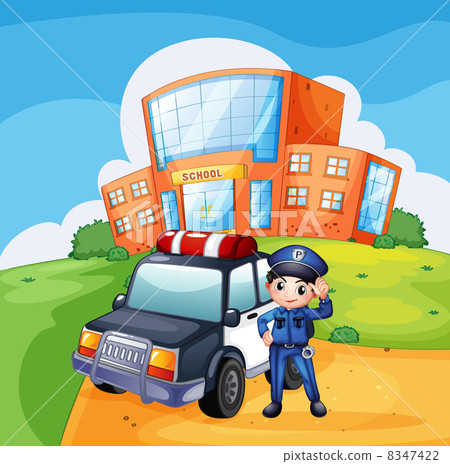 a patrol car and the policeman near the school