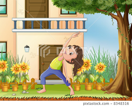 插图素材: a young girl exercising in front of the house