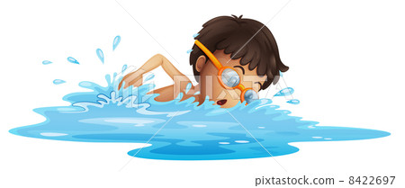 a young boy swimming with a yellow goggles