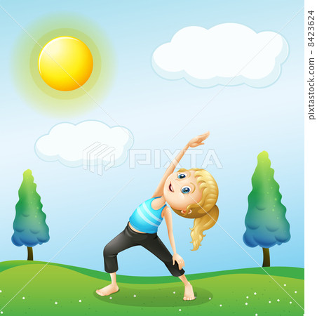 a girl exercising above the hills