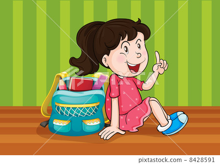 stock illustration: a girl with schoolbag