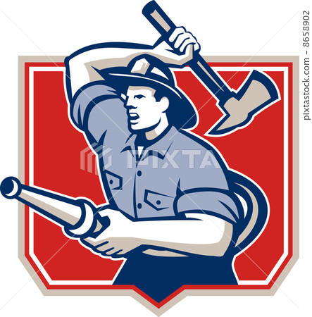 插图素材: fireman firefighter wielding fire axe