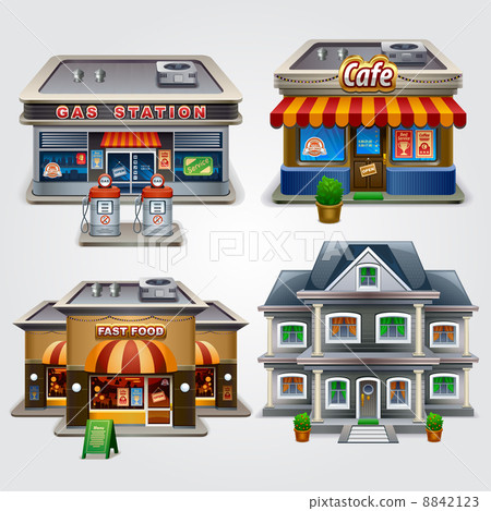 插图素材: store, gas station, cafe, fast food and house