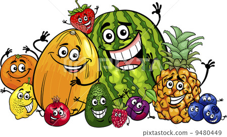 stock illustration: funny fruits group cartoon illustration