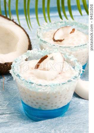 coconut pudding with tapioca pearls and litchi jelly