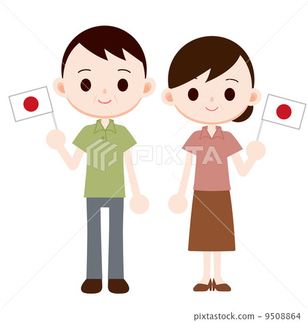 插图素材: 中年夫妇摇晃日本国旗的小旗子