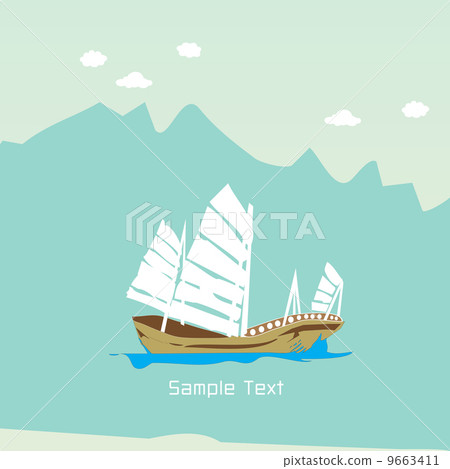 插图素材: cartoon barque boat on blue mountain background