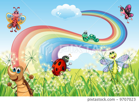 插图素材: different insects at the hilltop with a rainbow