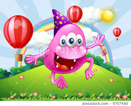 插图素材: a happy pink beanie monster jumping at the hilltop