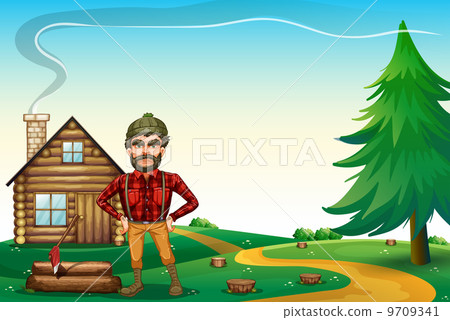 插图素材: a lumberjack standing in front of the wooden farmhouse