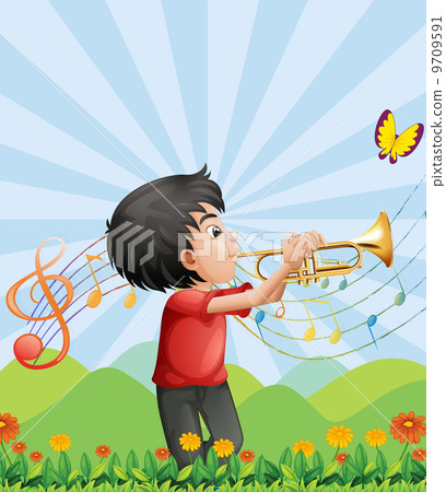 插图素材: a young man near the hill playing with the trumpet