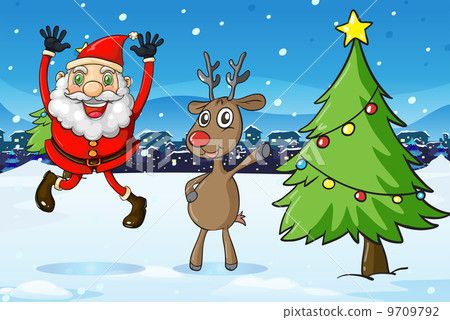 插图素材: santa and a deer beside the christmas tree