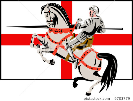 插图素材 english knight lance horse england flag side retro