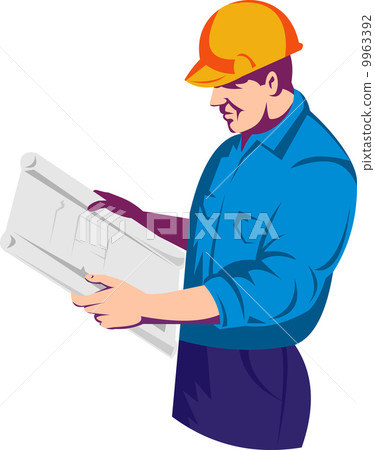 插图素材: construction worker engineer with building plan