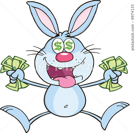 插图素材: rich blue rabbit cartoon character jumping with cash