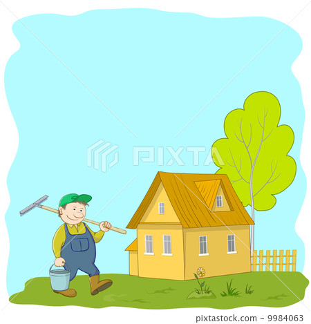 插图素材: man gardener near the house