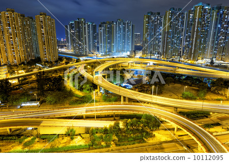 图库照片: aerial view of the city overpass at night, hongkong