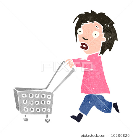 stock illustration: retro cartoon woman pushing shopping trolley