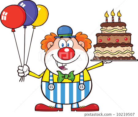 birthday clown cartoon character with balloons and cake with