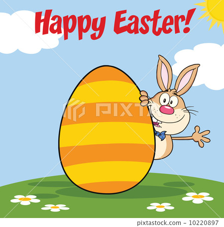 happy easter from rabbit character waving behind egg 10220897