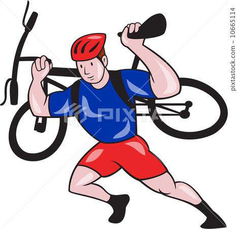 插图素材: cyclist carry mountain bike on shoulders cartoon