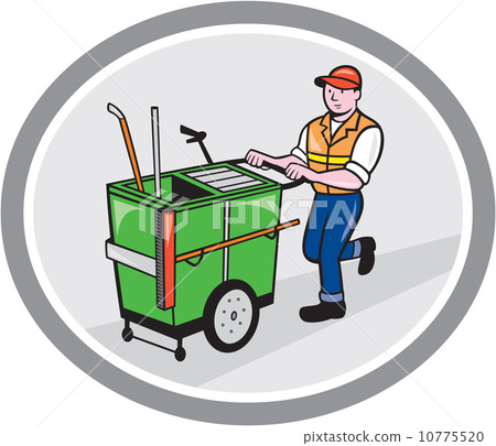 street cleaner pushing trolley oval cartoon