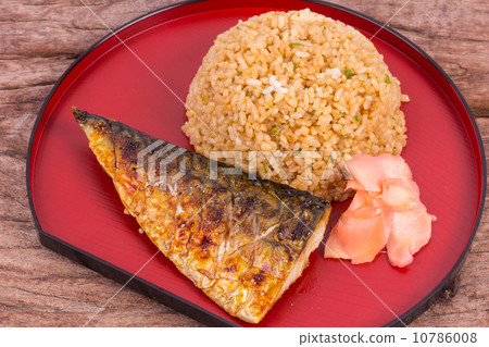 grilled fish,chocolate cake stock photo: grilled fish saba with fried rice