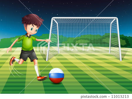 图库插图: a soccer player from russia kicking the ball