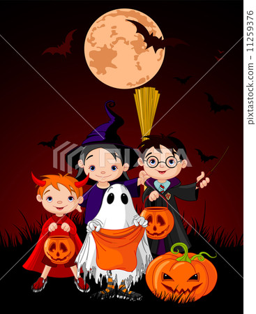 图库插图 halloween background with trick or treating children