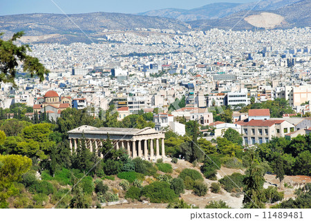 view of athens city with temple of hephaestus