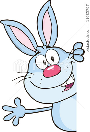 插图素材: blue rabbit cartoon character looking around a blank