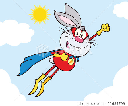 图库插图: blue rabbit superhero cartoon character flying in the