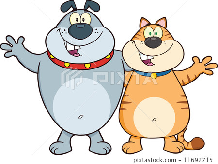 插图素材: happy dog and cat cartoon characters hugging