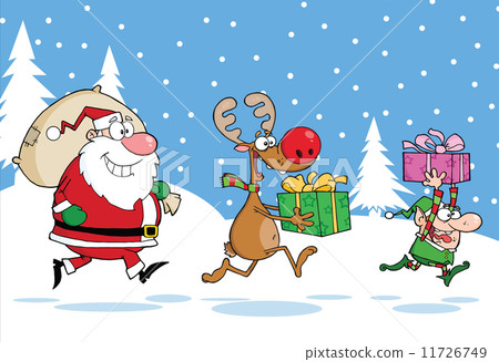 插图素材: reindeer, elf and santa claus carrying christmas