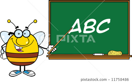 插图素材: pudgy bee character with glasses with a pointer in