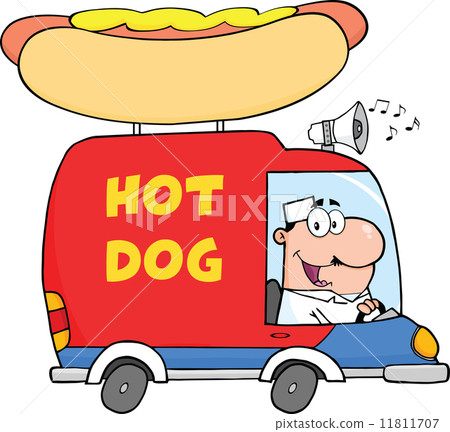 插图素材: happy hot dog vendor driving truck