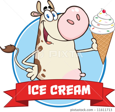 图库插图: happy cow cartoon character holding a ice cream circle