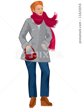 图库插图: cartoon young woman in red scarf and gray coat